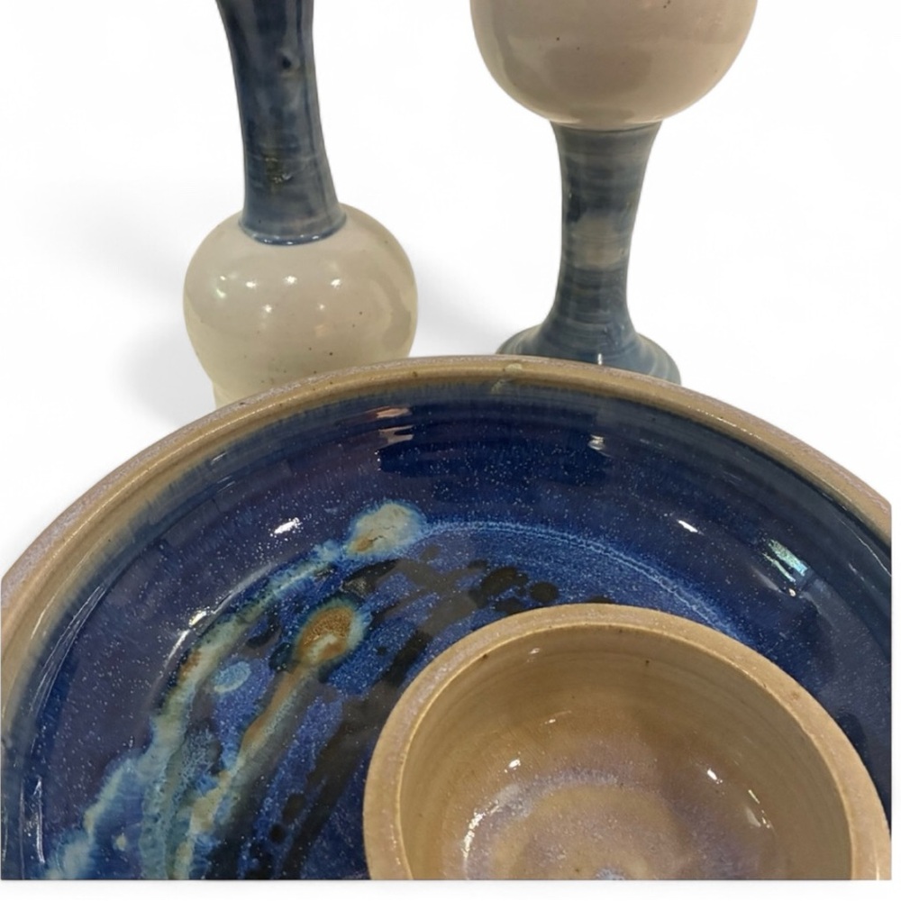 Set/2 Art Pottery Chalices + Chip/Dip Bowl Signed Pottery VIBRANT Cobalt Blue!